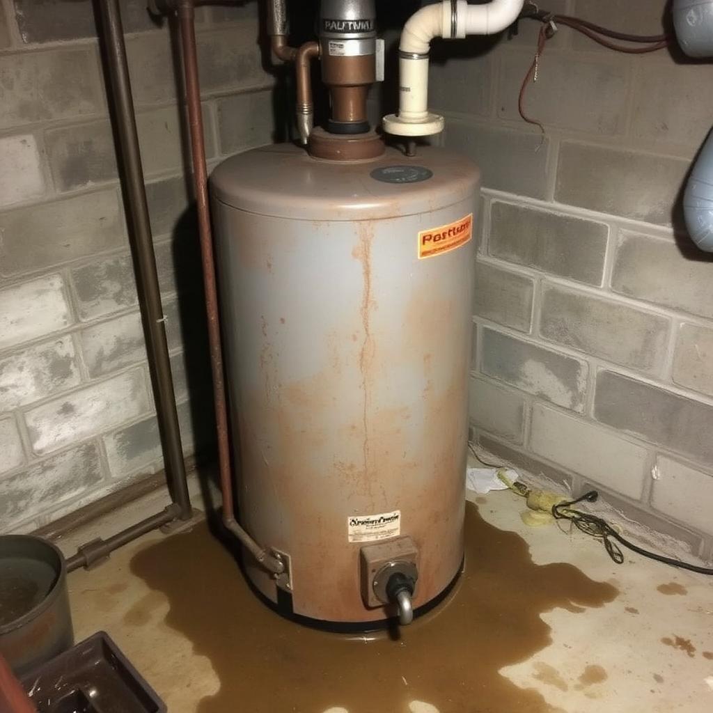Old rusted leaking water heater tank in basement before replacement