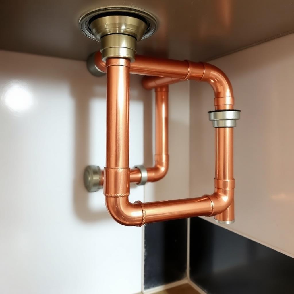 Brand new shiny copper pipes professionally installed under sink after leak repair