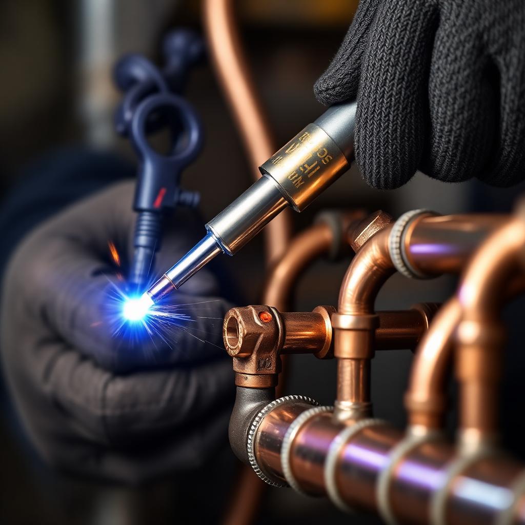 Close-up of a plumber soldering copper water lines with a torch
